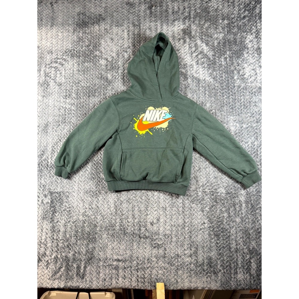 Nike Sportswear Boys Hoodie Olive Green Splatter Logo Fleece Lined Ribbed Warmth